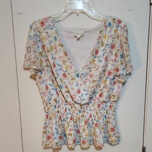 Merona Floral Wrap Blouse - Cream with Pink and Blue